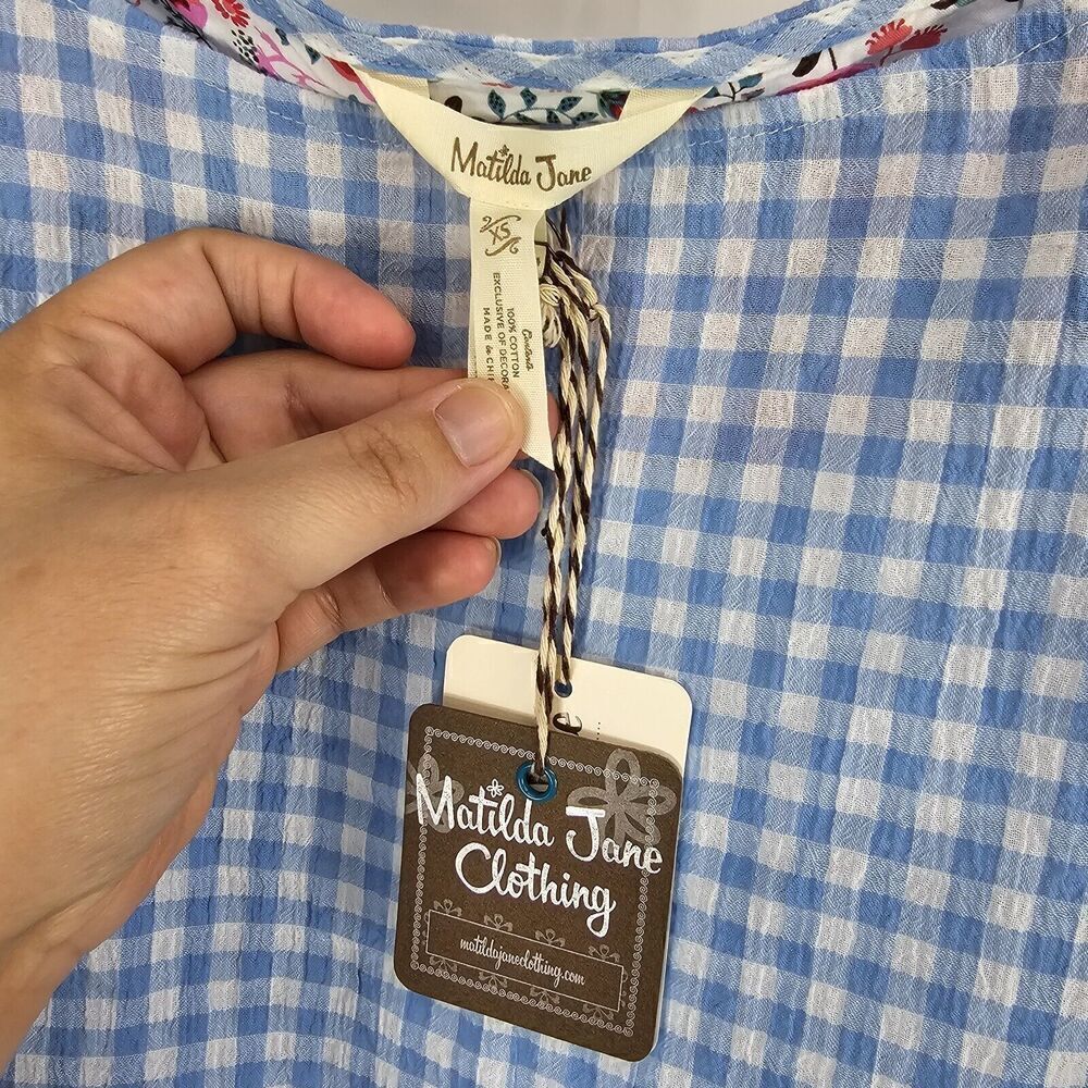 Matilda Jane • Rural Route Gingham Blue White Top Size XS Floral - Picture 7 of 8